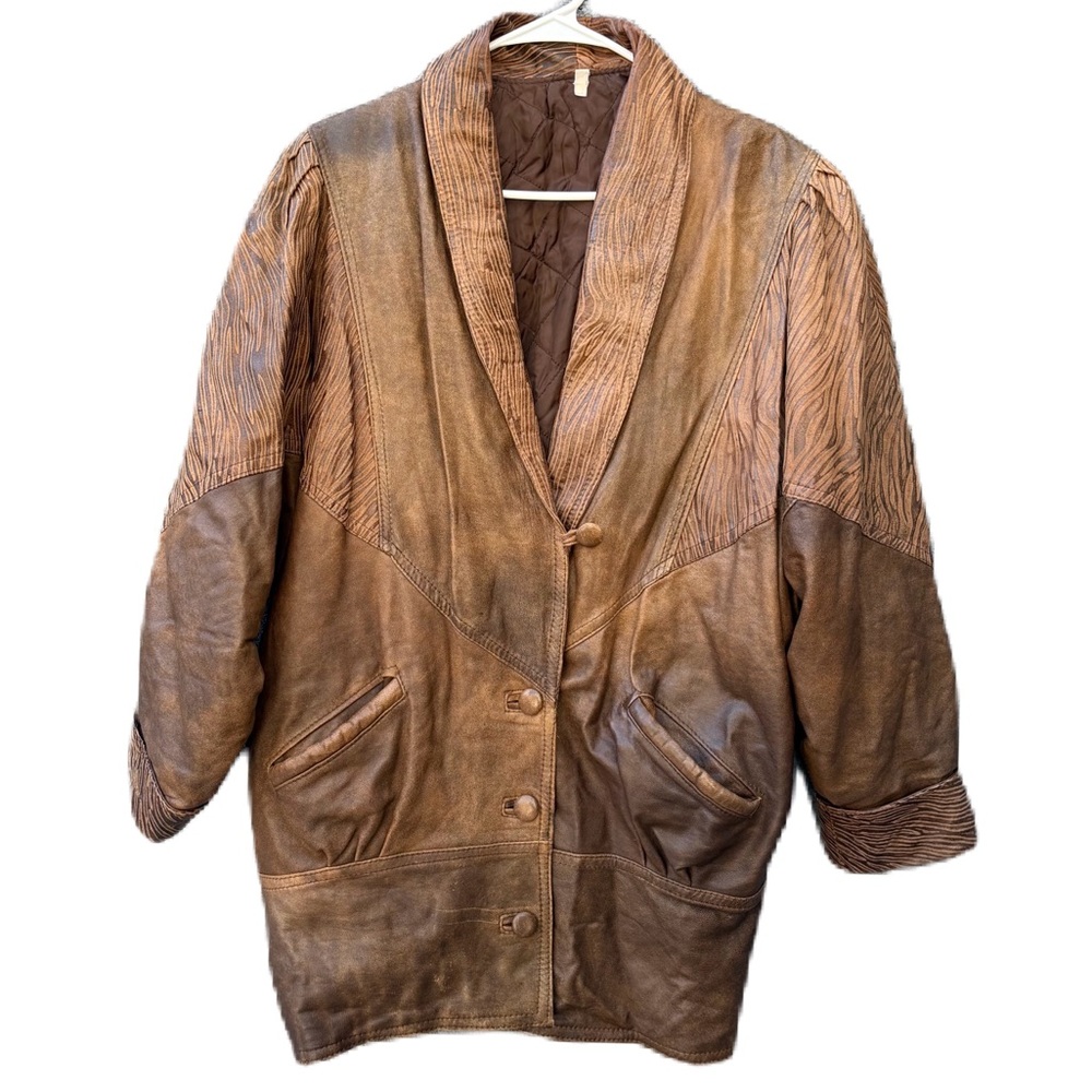 Vintage Vera Pelle Italian Brown Leather Animal Print Zebra Luxury Long Coat